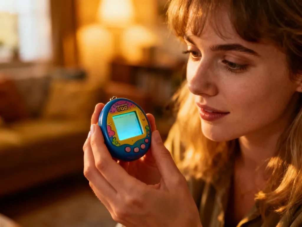 Kobieta trzyma w dłoniach klasyczne Tamagotchi, przywołując nostalgię za popularną zabawką z lat 90.