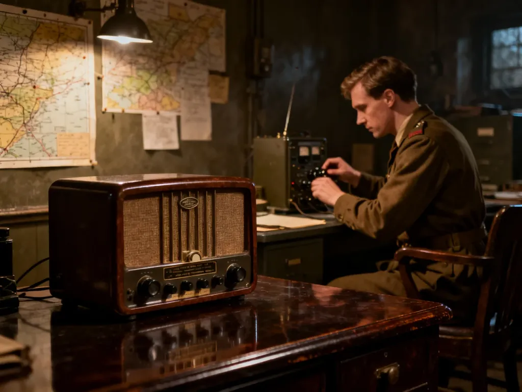 Mężczyzna w klimatycznym biurze z lat 40. XX wieku dostraja zabytkowe radio, nawiązując do historycznych audycji z Londynu.