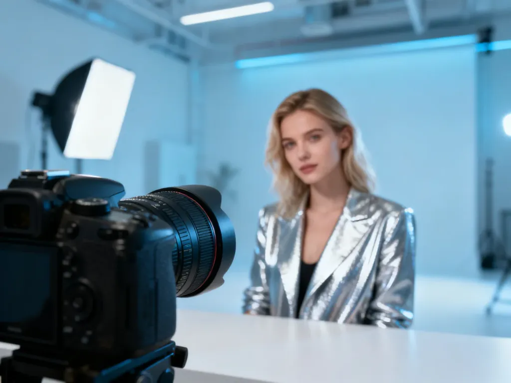 Profesjonalna sesja zdjęciowa modelki w nowoczesnym studiu fotograficznym z oświetleniem w chłodnych odcieniach.