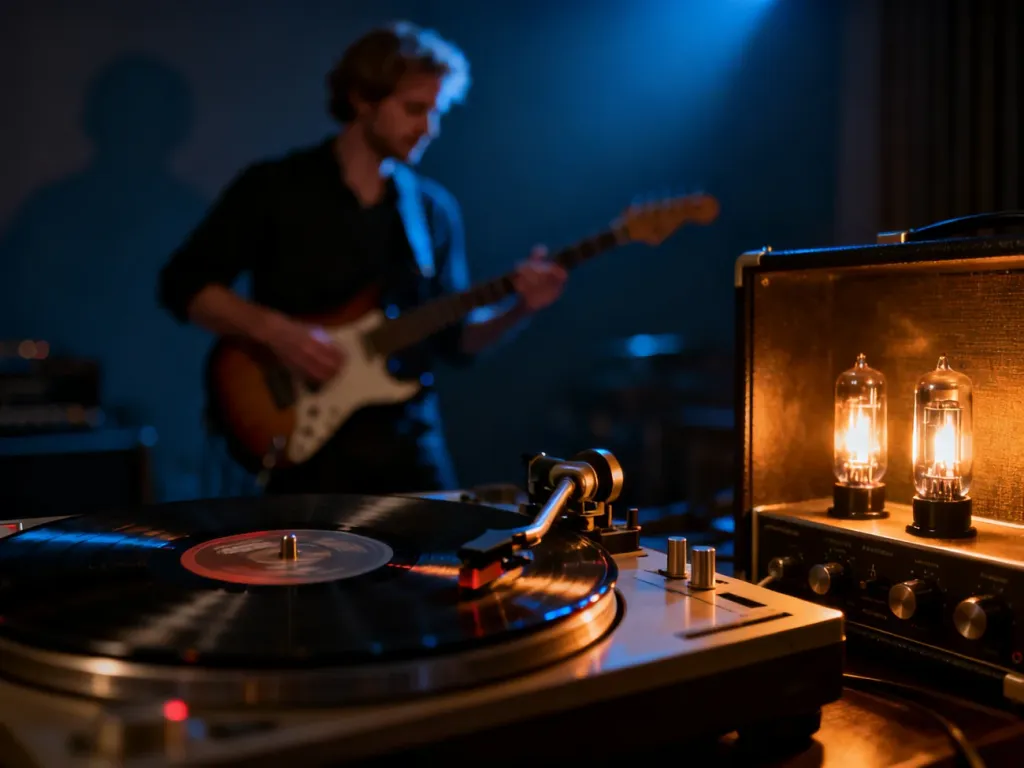 Gramofon i wzmacniacz lampowy w klimatycznym oświetleniu, w tle muzyk grający na gitarze basowej.