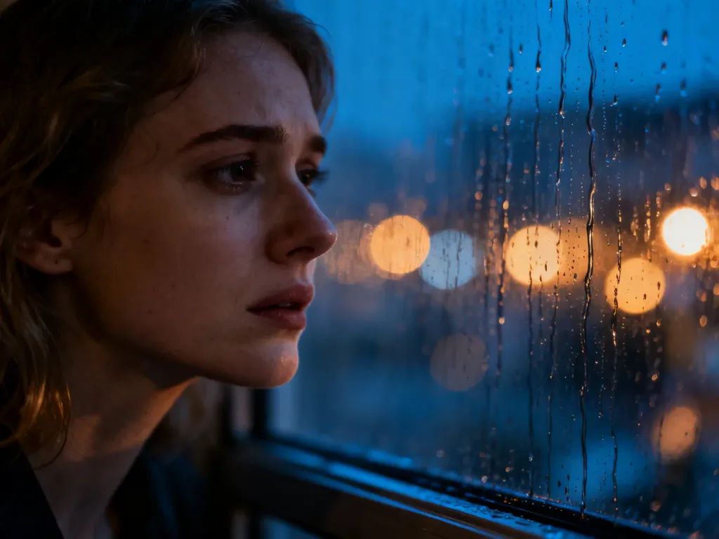 Melancholijna kobieta patrząca przez deszczowe okno w nocy, oddająca emocjonalny klimat utworu „Another Love”.