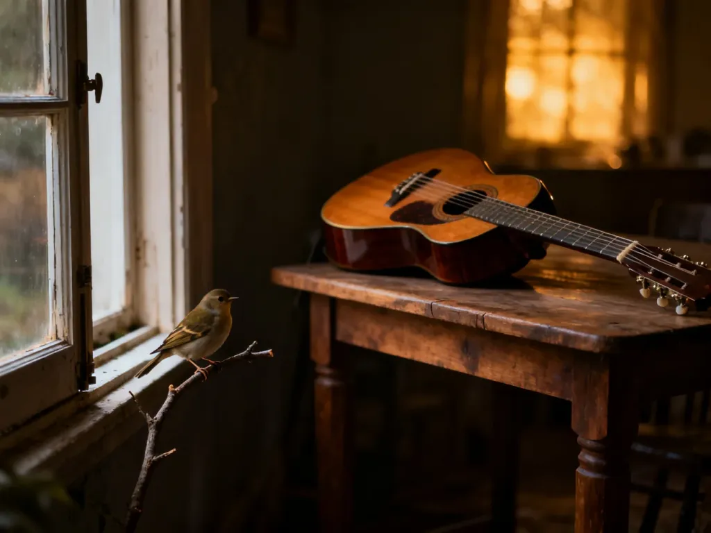 Stara gitara akustyczna i śpiewający ptak na tle ciepłego, nostalgicznego światła, nawiązujące do klimatu utworu Mockingbird.