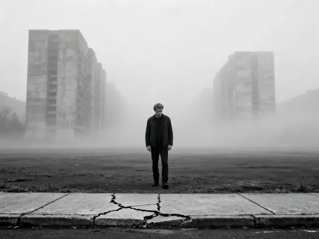 Samotny mężczyzna w szarym, mglistym krajobrazie brutalistycznego miasta, symbolizujący melancholię i wyobcowanie.