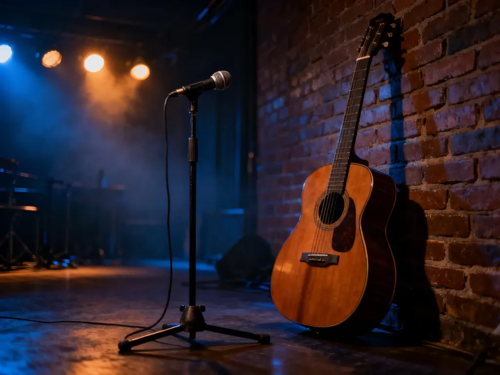 Akustyczna gitara i mikrofon w nastrojowej sali prób, przywołujące klimat rockowej ballady „Nie płacz Ewka”.