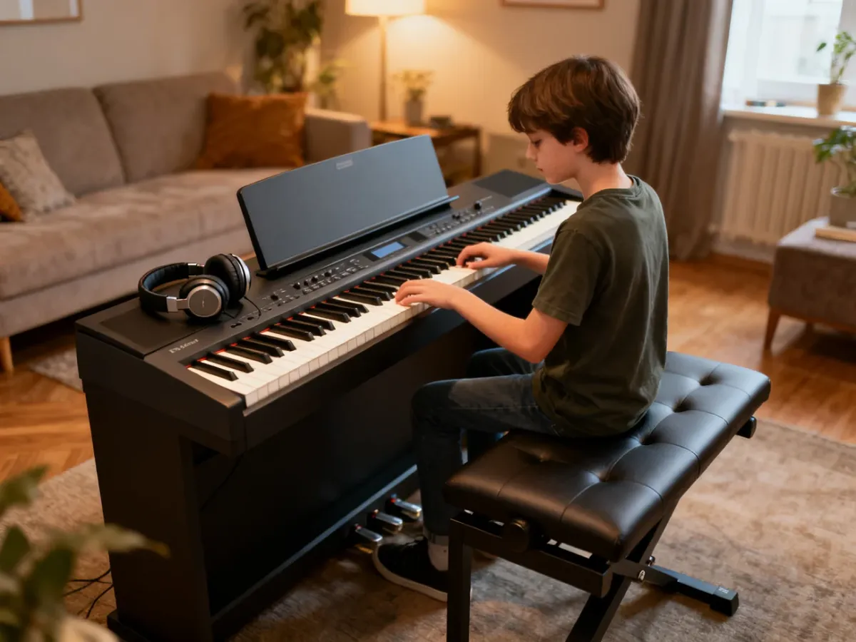 Początkujący pianista ćwiczący na pianinie cyfrowym w mieszkaniu