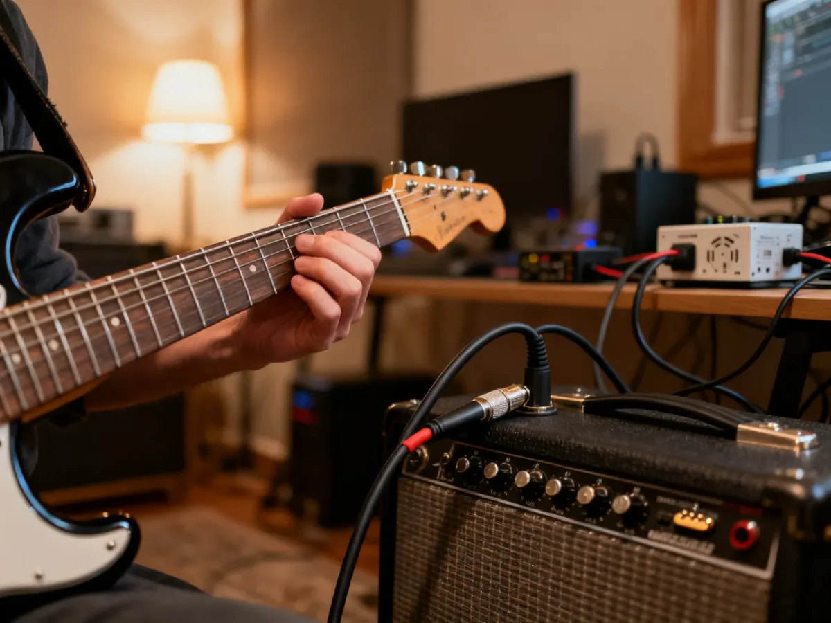 Gitarzysta dotykający strun podczas diagnozowania buczenia wzmacniacza