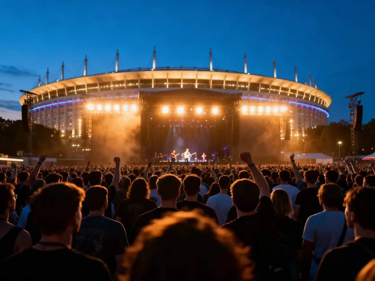 Wieczorna atmosfera koncertowa w Warszawie z oświetlonym stadionem i publicznością