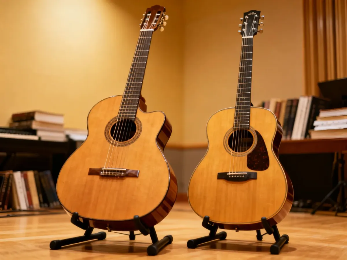 Gitara klasyczna i akustyczna ustawione obok siebie w studio muzycznym