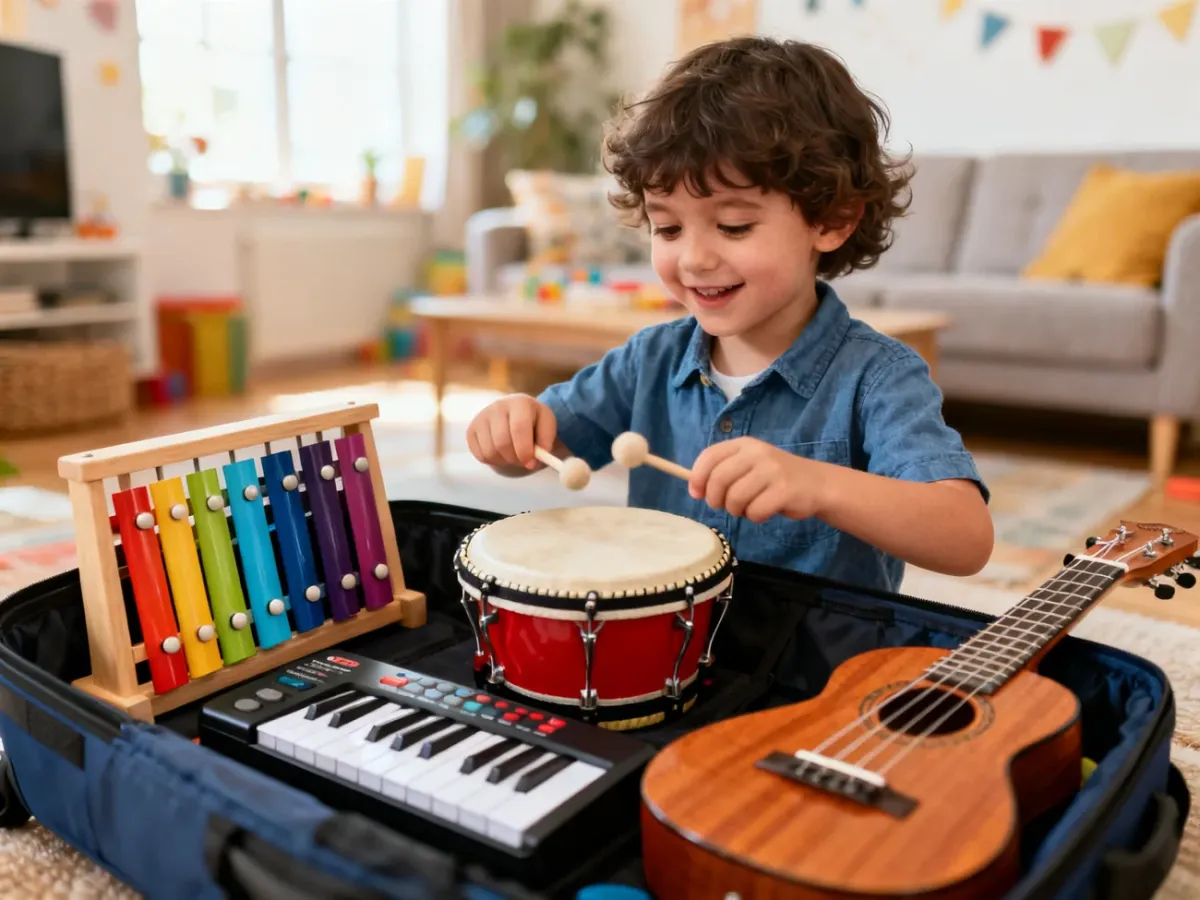 Dziecko poznające cymbałki, bębenek, ukulele i mały keyboard