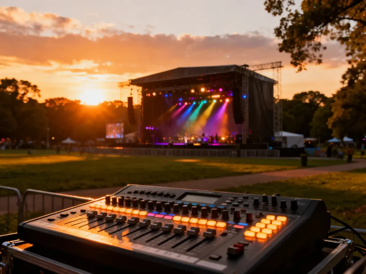 Profesjonalna konsoleta dźwiękowa na pierwszym planie z widokiem na oświetloną scenę OFF Festivalu podczas zachodu słońca.
