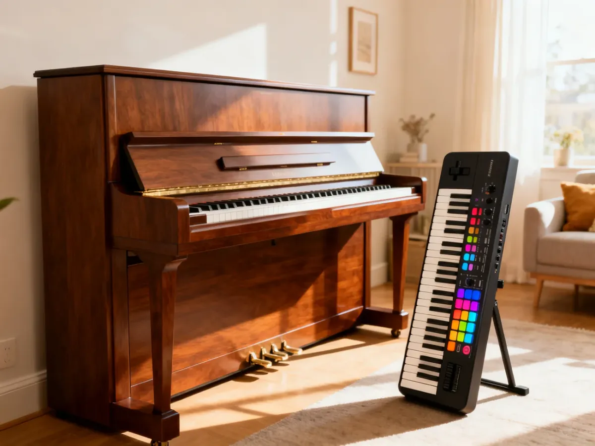 Pianino cyfrowe i keyboard ustawione obok siebie w domowym pokoju muzycznym
