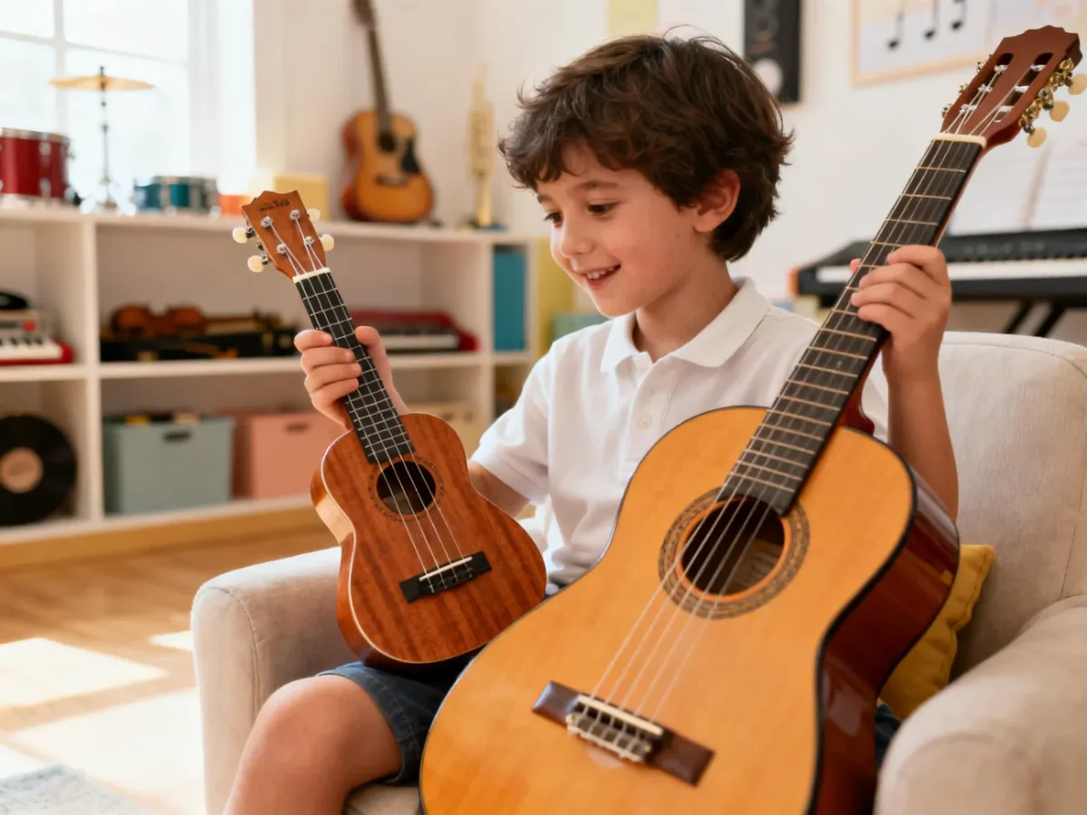 Dziecko porównujące ukulele i gitarę klasyczną w sali muzycznej