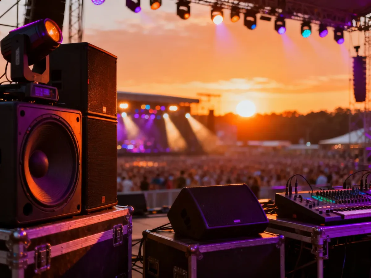 Scena koncertowa podczas Orange Warsaw Festival w blasku zachodzącego słońca, z widocznym nagłośnieniem i oświetleniem.