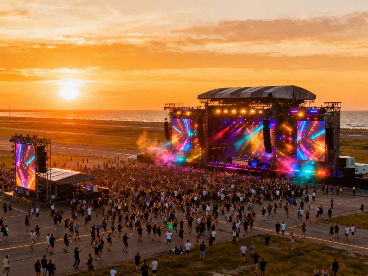 Tłum uczestników podczas wielkiego plenerowego festiwalu muzyki elektronicznej