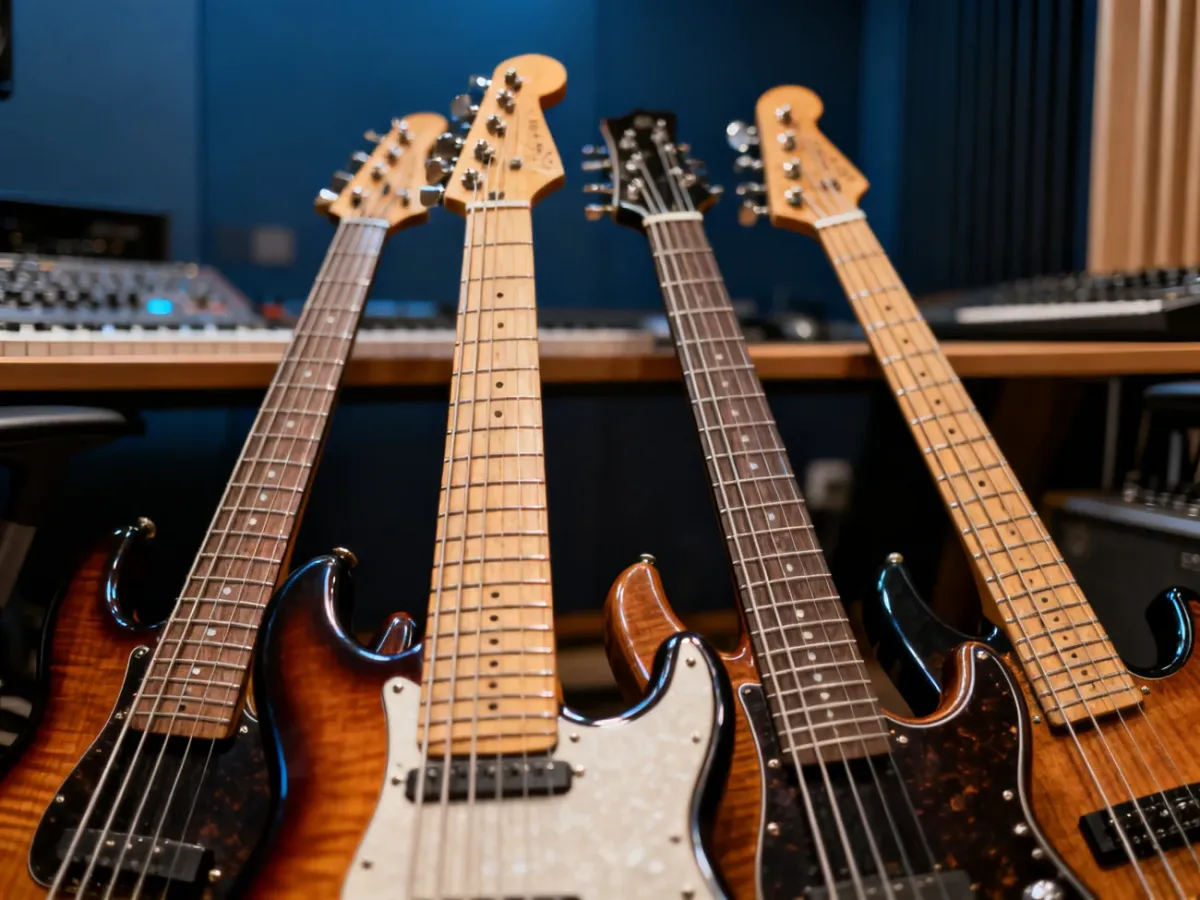 Czterostrunowa i pięciostrunowa gitara basowa ustawione obok siebie w studiu muzycznym