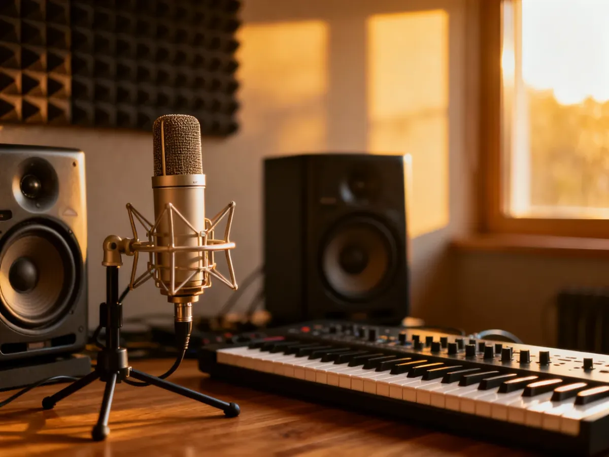 Profesjonalne studio nagraniowe z mikrofonem, klawiaturą MIDI i monitorami studyjnymi, sprzyjające tworzeniu muzyki.