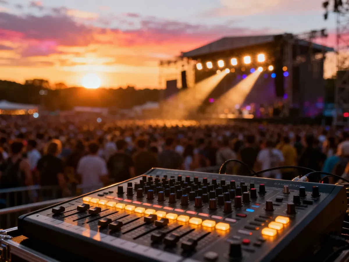 Scena muzyczna festiwalu o zachodzie słońca z widocznym na pierwszym planie profesjonalnym mikserem dźwięku.