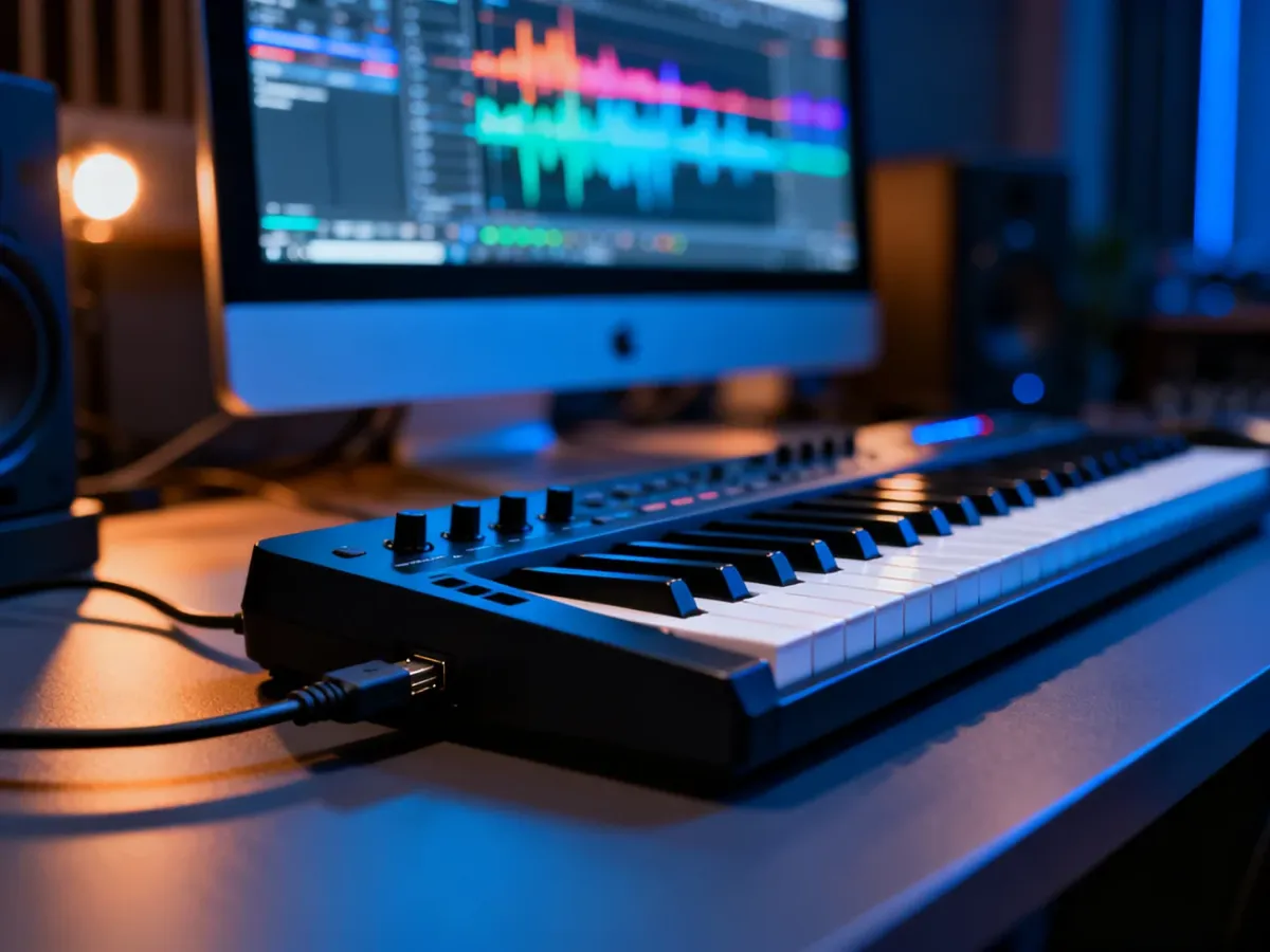 Klawiatura MIDI podłączona do komputera w profesjonalnym studiu nagraniowym z widocznym kablem USB.