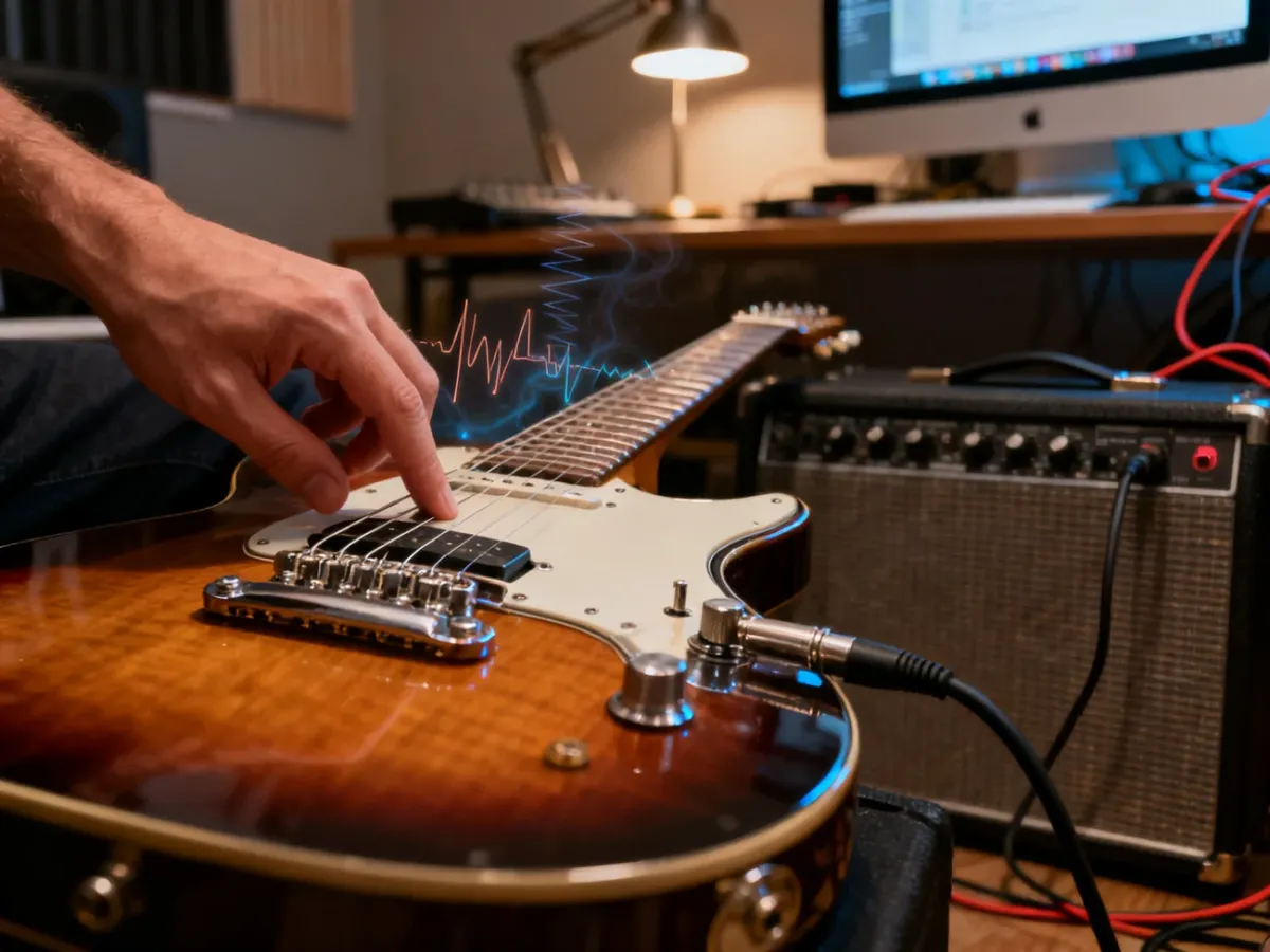 Dłoń gitarzysty dotykająca strun i metalowego mostka gitary elektrycznej w domowym studiu
