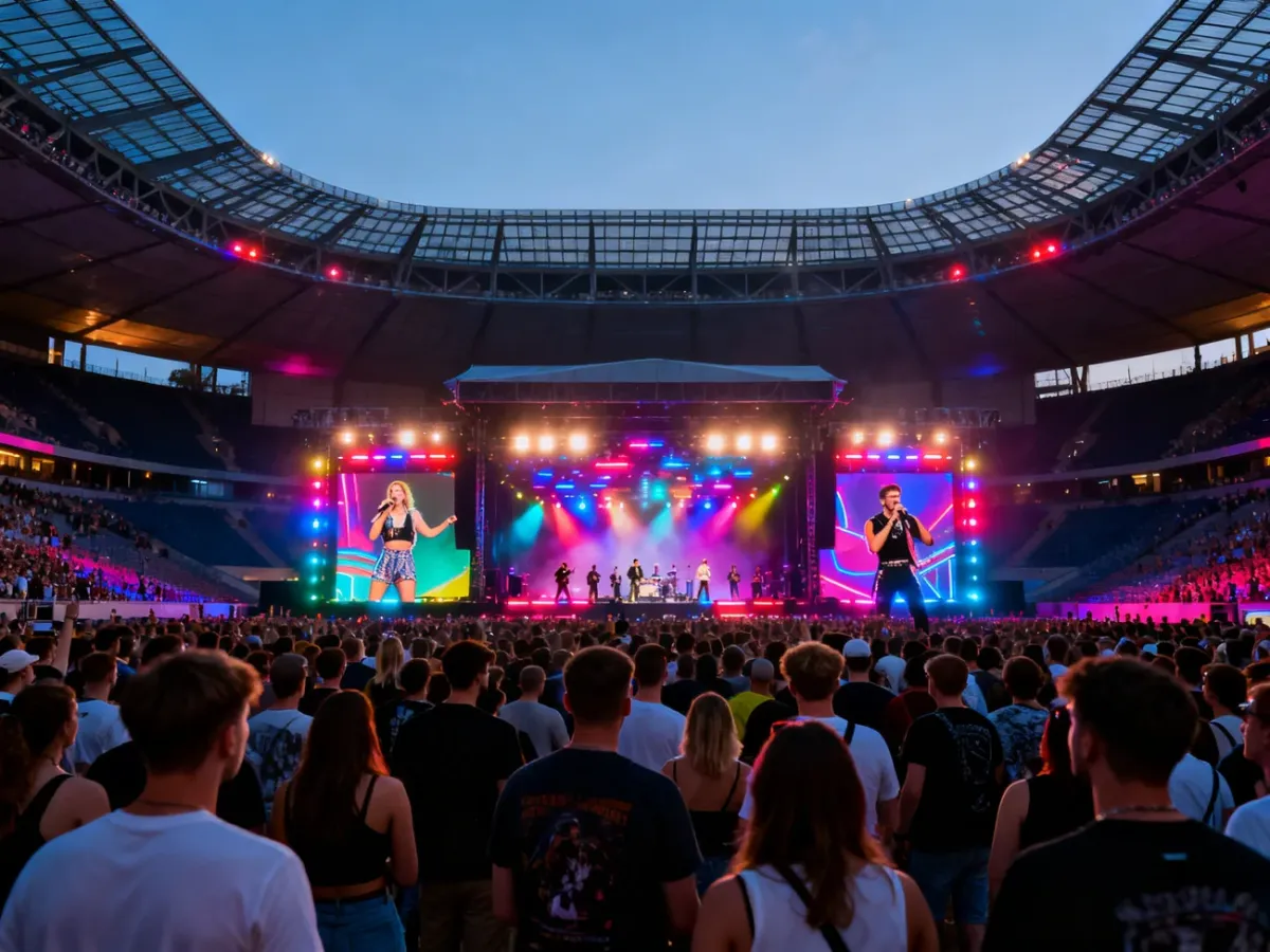 Tłum widzów podczas wielogatunkowego festiwalu muzycznego na stadionie