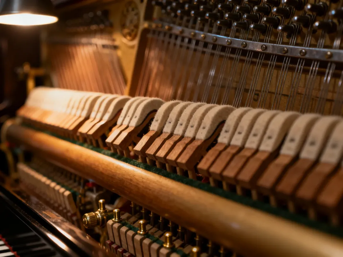 Wnętrze pianina akustycznego z widocznymi strunami, młoteczkami i drewnianymi mechanizmami.