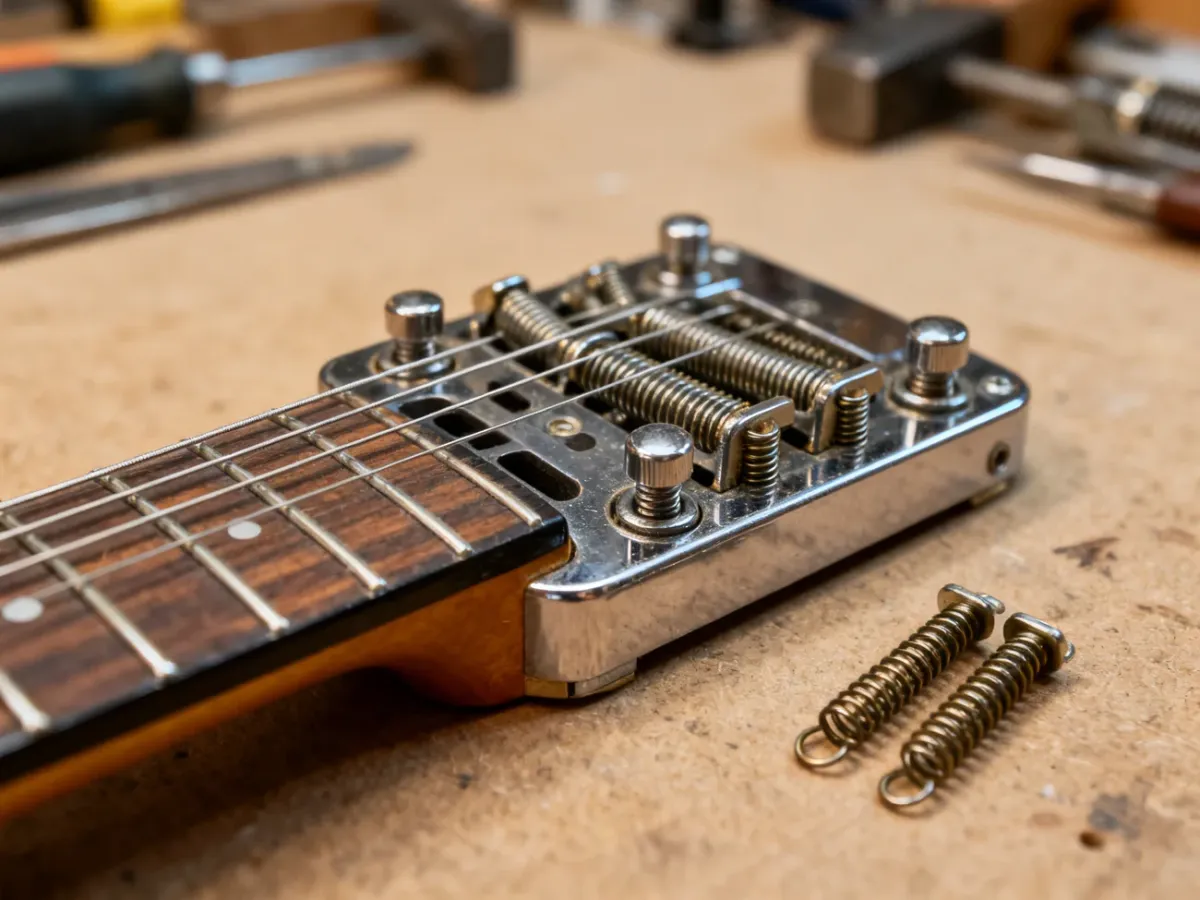 Zbliżenie pływającego mostka tremolo w gitarze elektrycznej oraz jego sprężyn