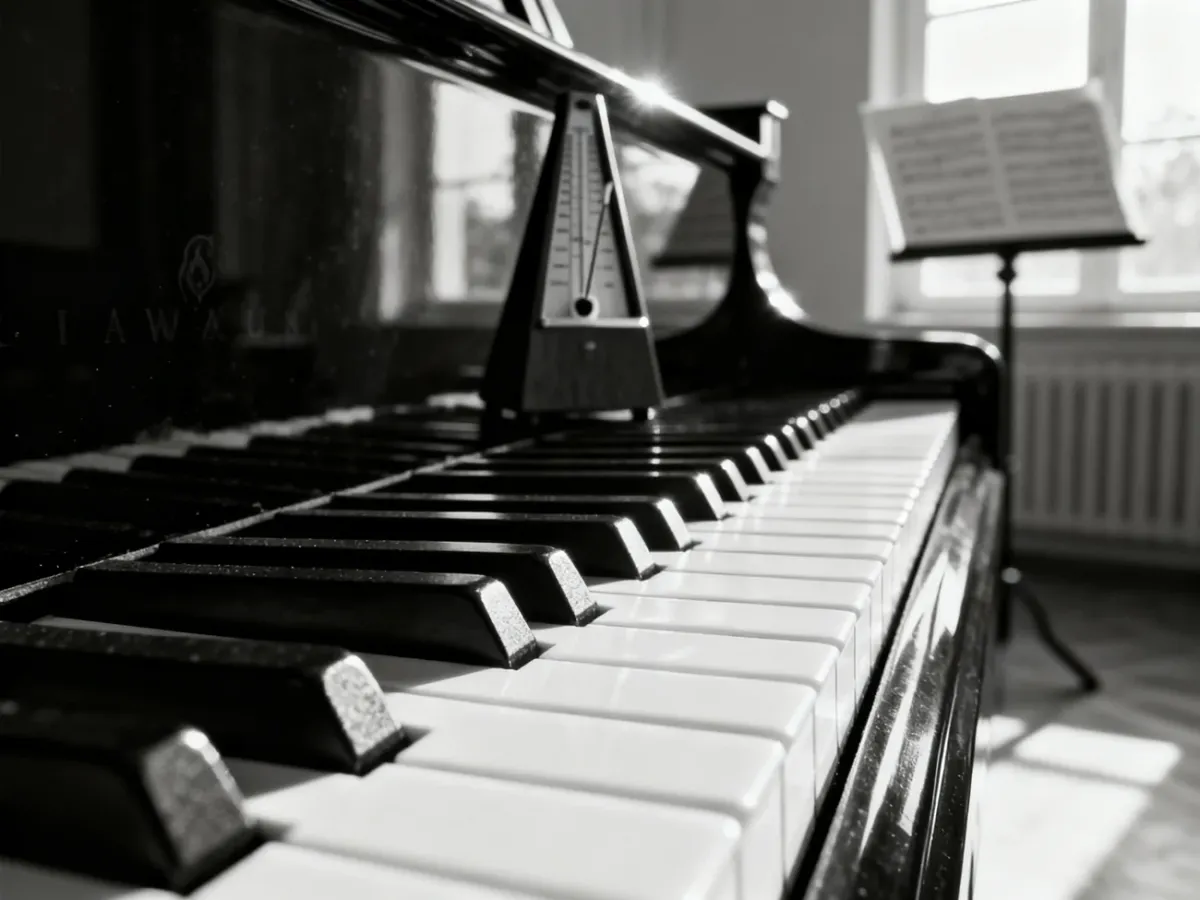 Zbliżenie na czarno-białe klawisze pianina w słonecznym pokoju muzycznym, podkreślające elegancję instrumentu.