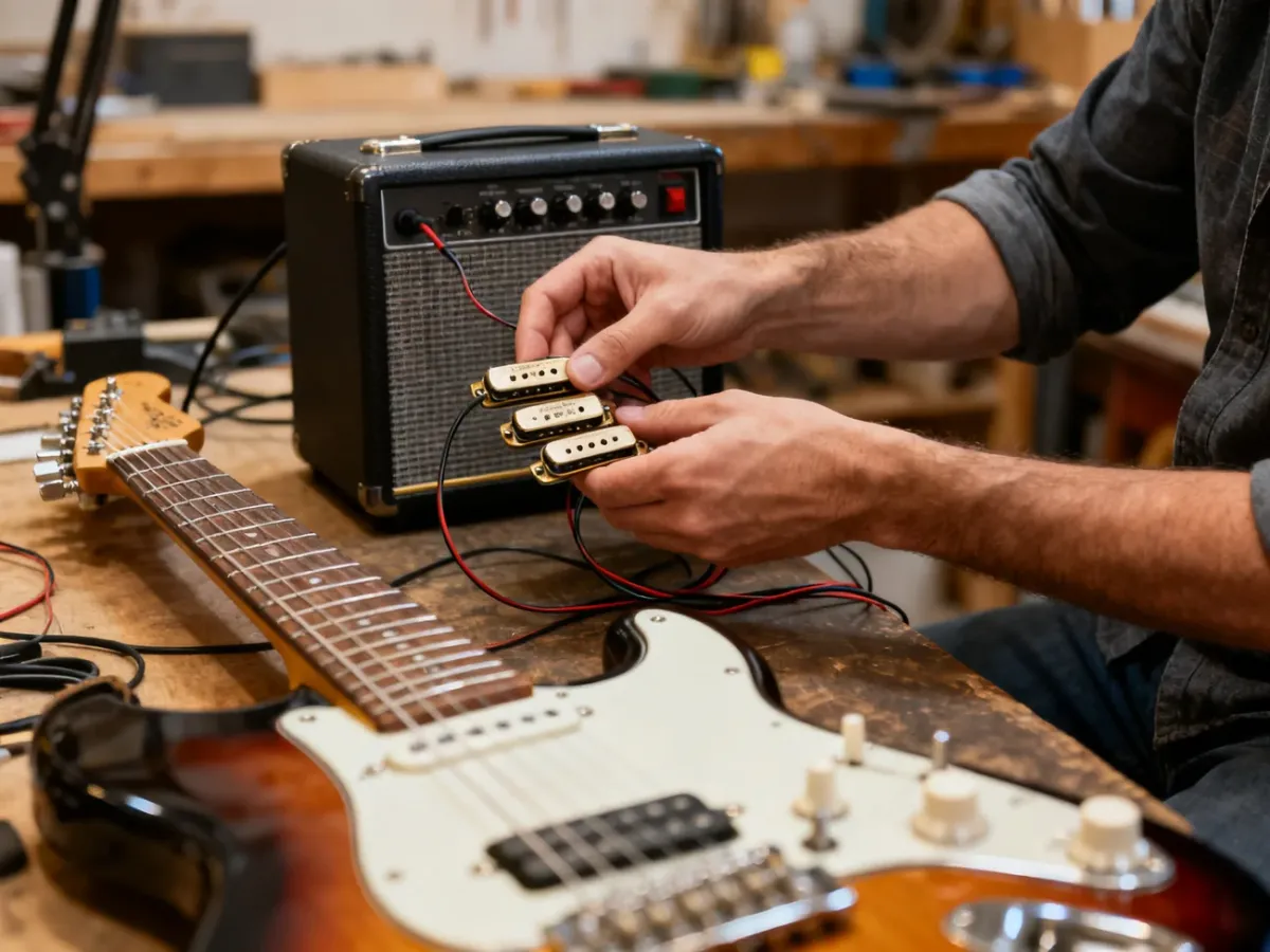 Gitarzysta porównujący działanie przetworników elektrycznej gitary
